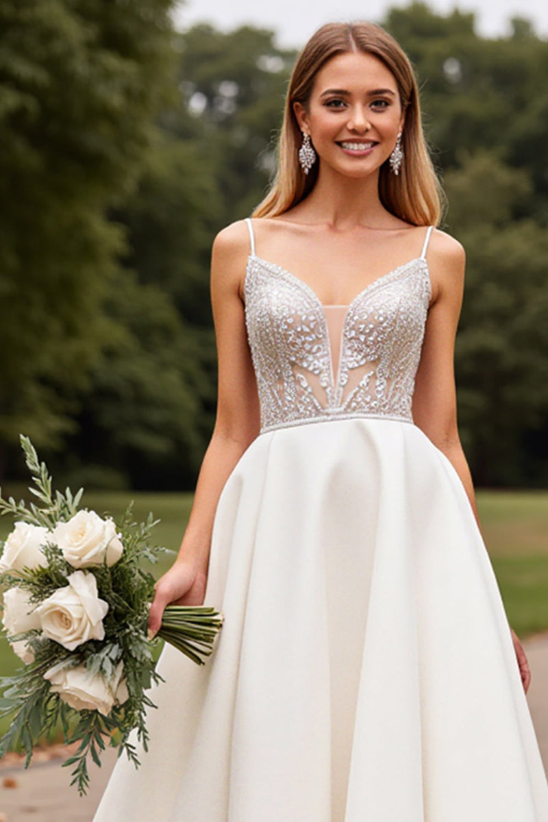 Load image into Gallery viewer, Satin Lace Ivory Spaghetti Straps A Line Weding Dress with Beading