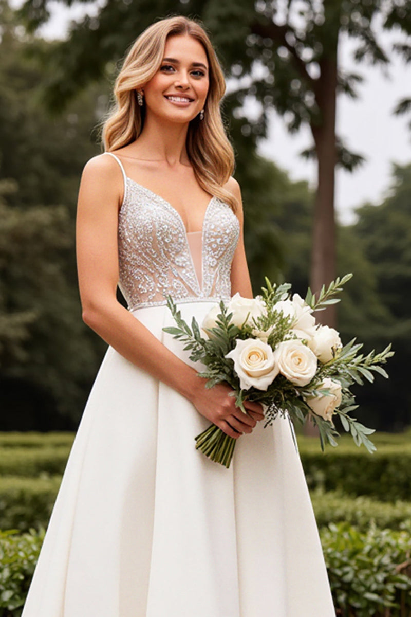 Load image into Gallery viewer, Satin Lace Ivory Spaghetti Straps A Line Weding Dress with Beading