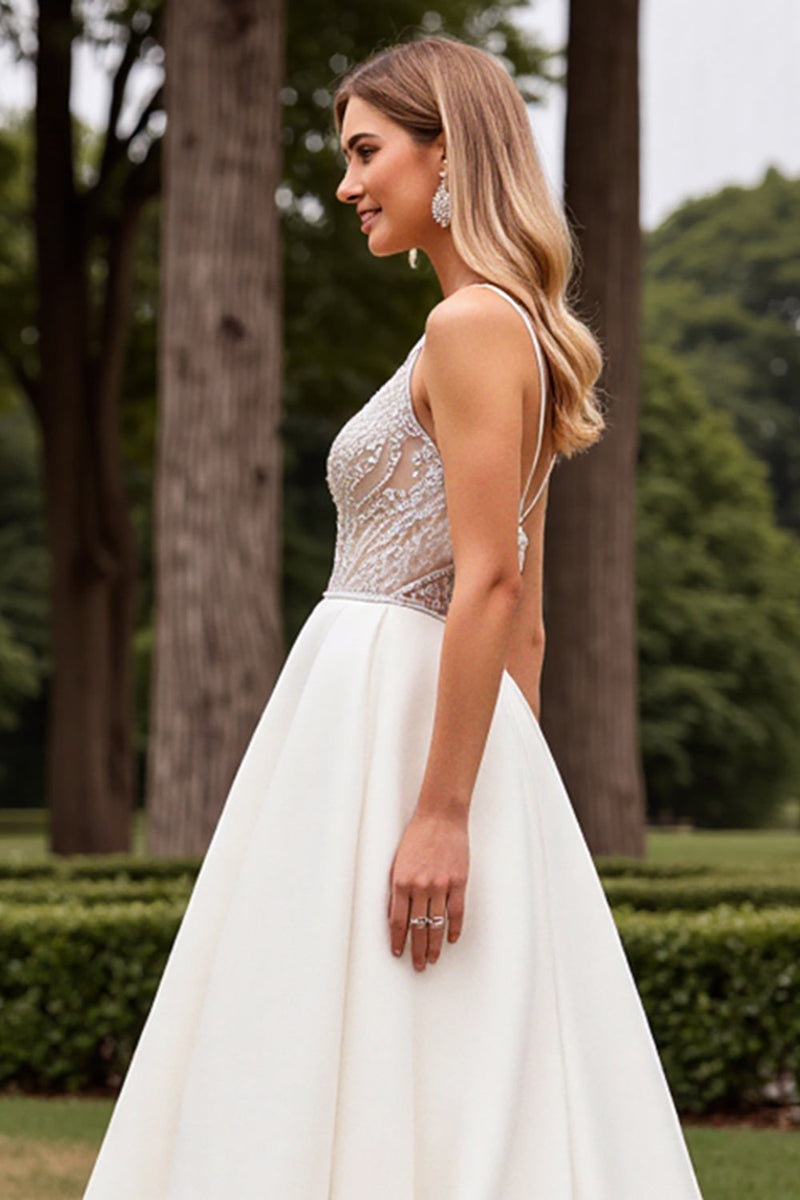 Load image into Gallery viewer, Satin Lace Ivory Spaghetti Straps A Line Weding Dress with Beading