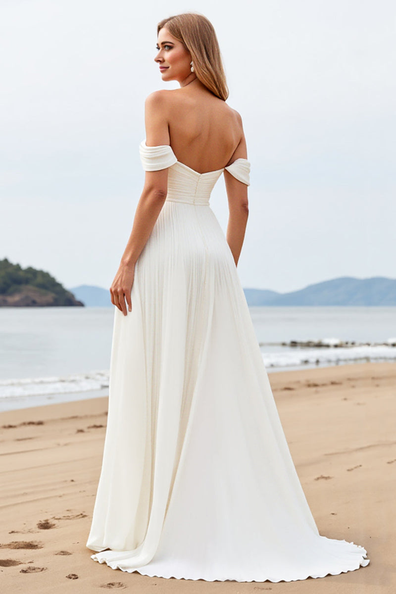 Load image into Gallery viewer, Ivory Chiffon A Line Pleated Off The Shoulder Wedding Dress