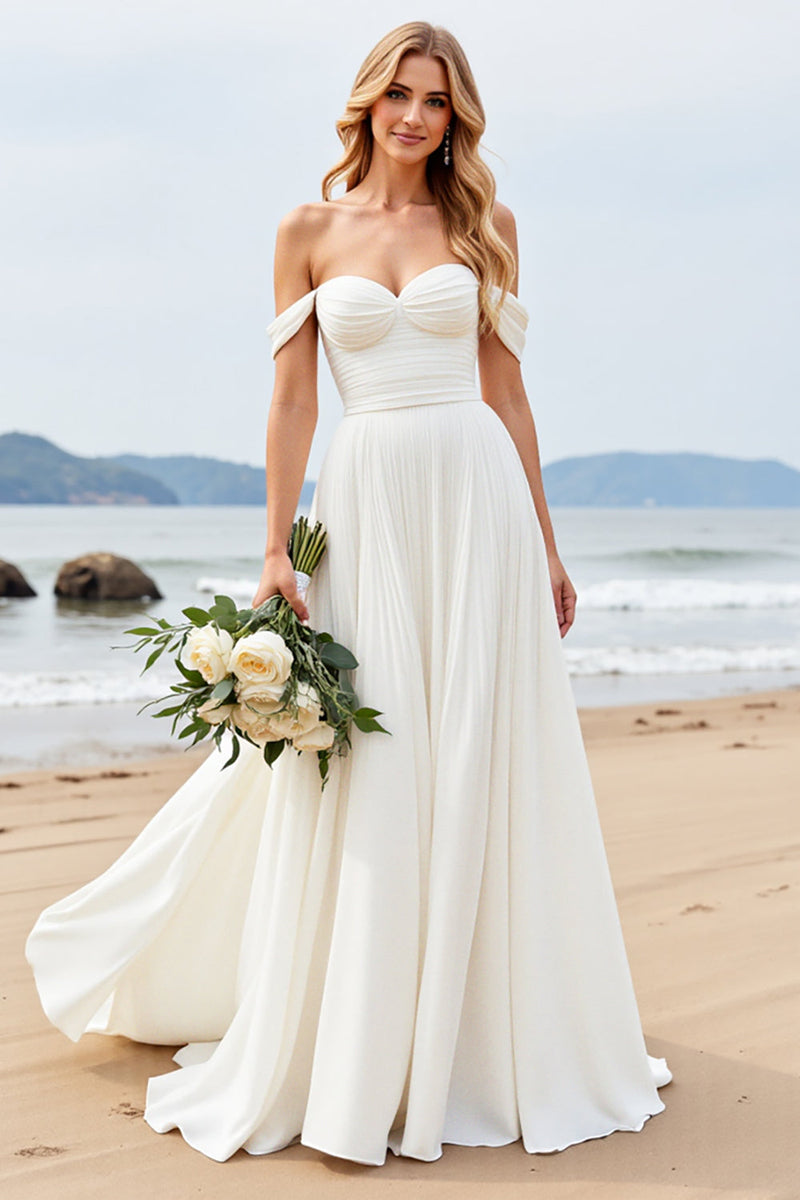 Load image into Gallery viewer, Ivory Chiffon A Line Pleated Off The Shoulder Wedding Dress