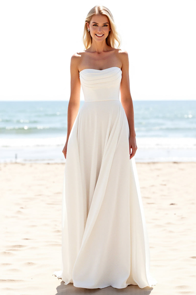 Load image into Gallery viewer, Ivory Chiffon Strapless A Line Wedding Dress