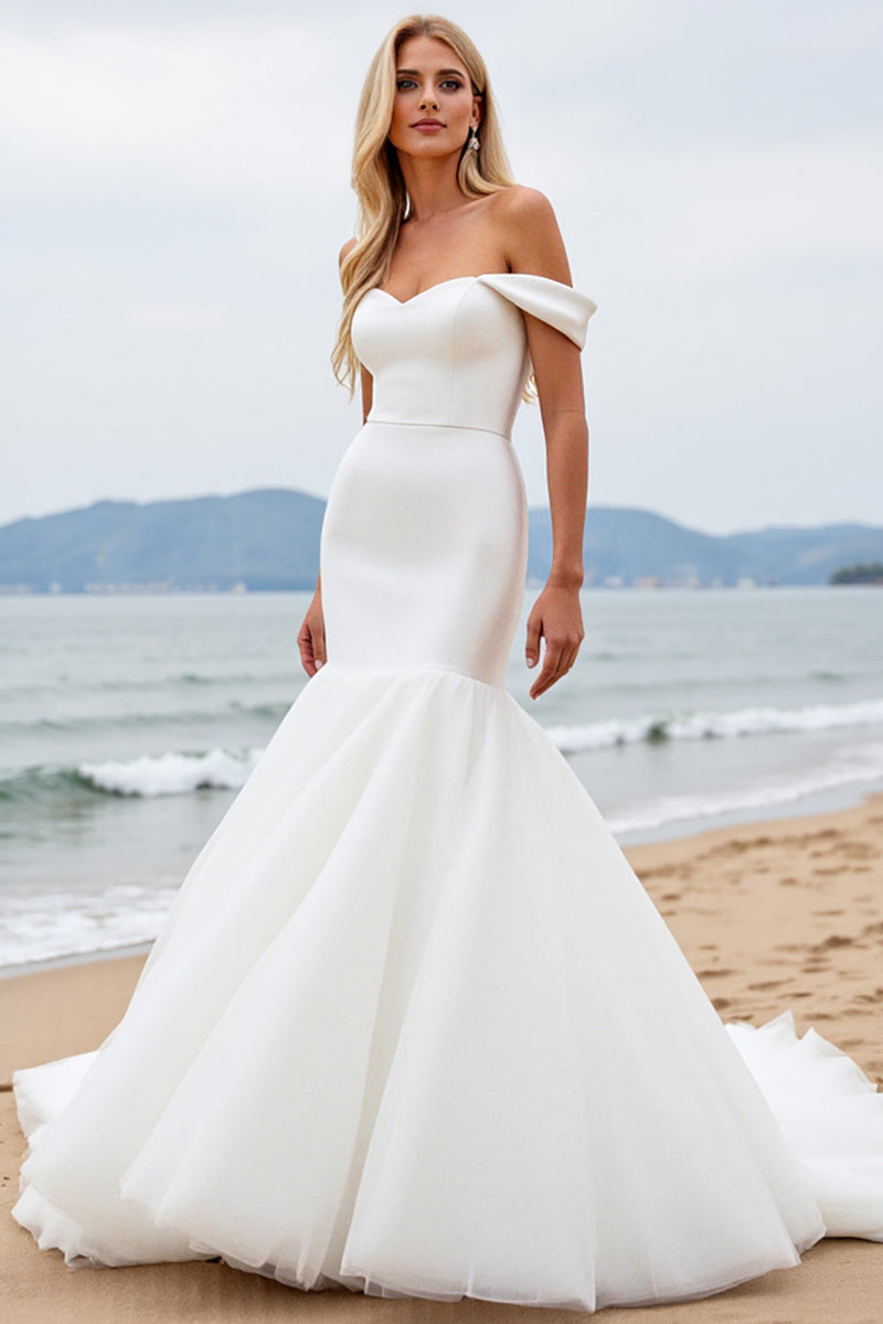Load image into Gallery viewer, Off the Shoulder Mermaid Ivory Organza Wedding Dress
