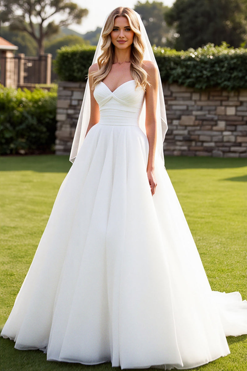 Load image into Gallery viewer, Stretch Satin Organza Ivory A Line Strapless Wedding Dress