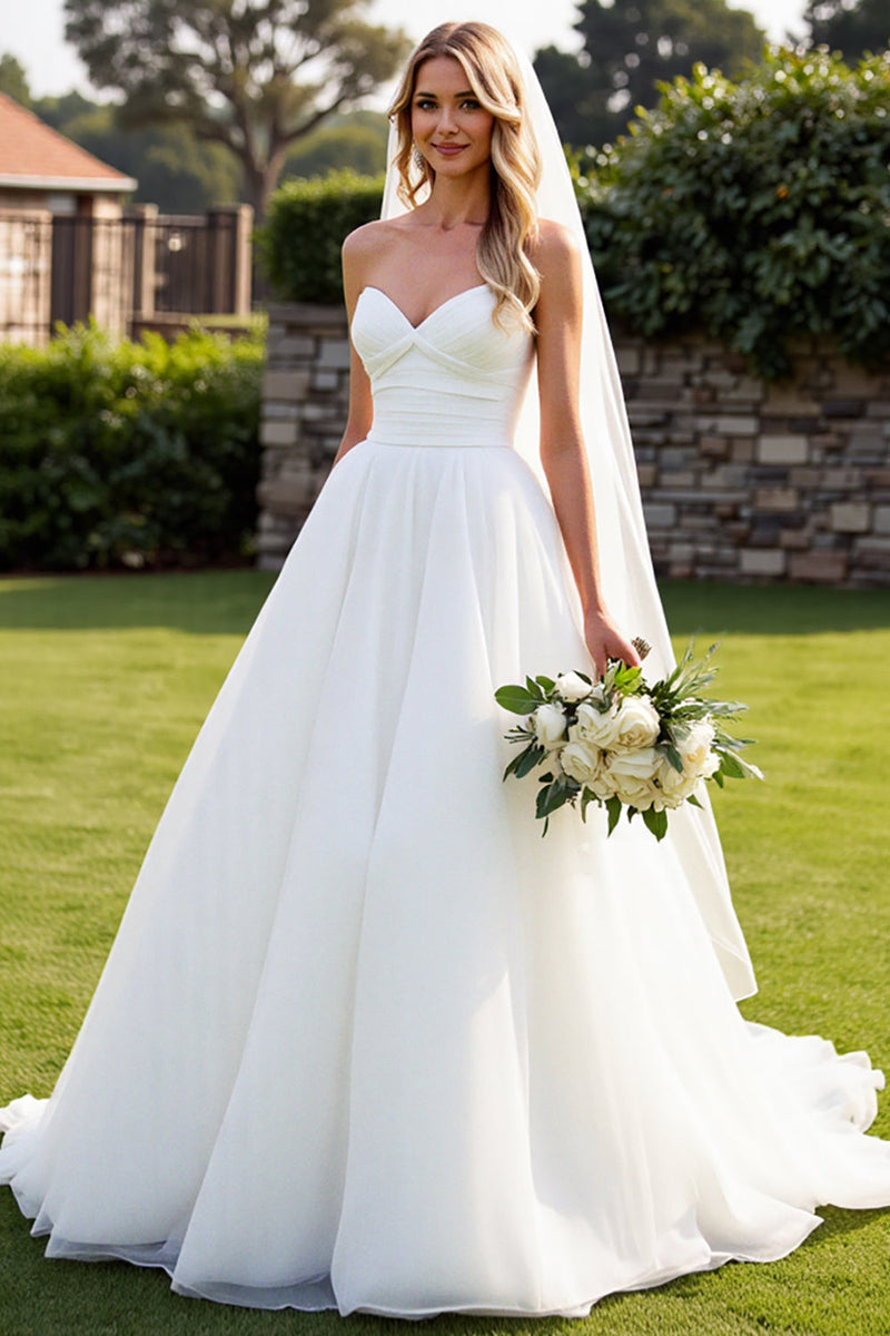 Load image into Gallery viewer, Stretch Satin Organza Ivory A Line Strapless Wedding Dress