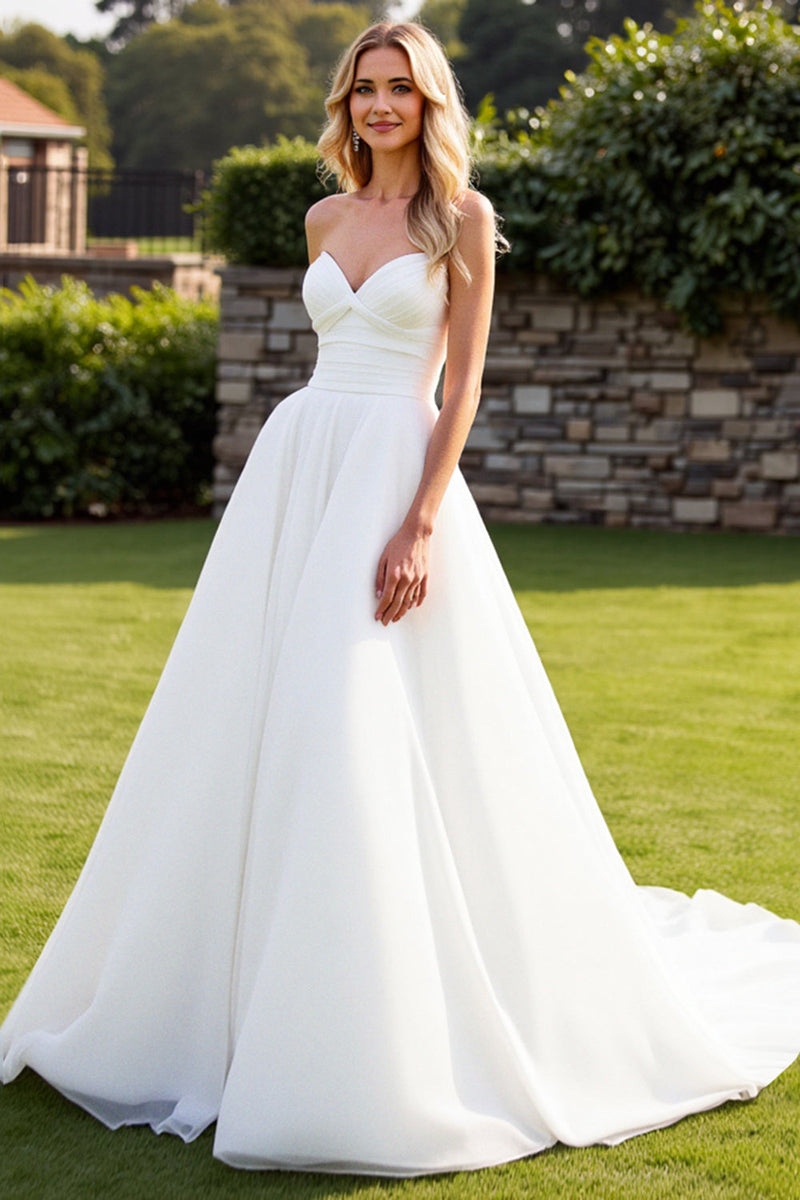 Load image into Gallery viewer, Stretch Satin Organza Ivory A Line Strapless Wedding Dress