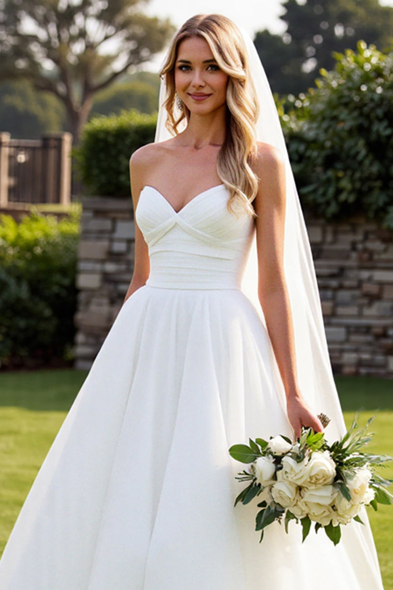 Load image into Gallery viewer, Stretch Satin Organza Ivory A Line Strapless Wedding Dress