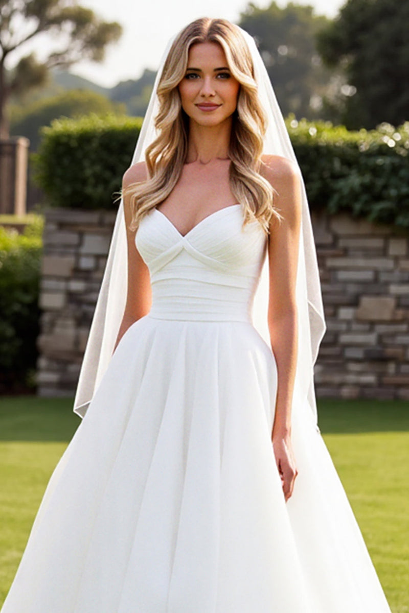 Load image into Gallery viewer, Stretch Satin Organza Ivory A Line Strapless Wedding Dress