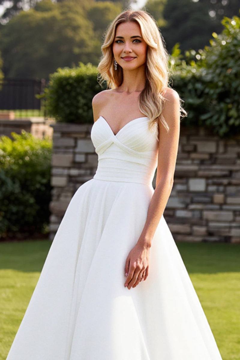 Load image into Gallery viewer, Stretch Satin Organza Ivory A Line Strapless Wedding Dress