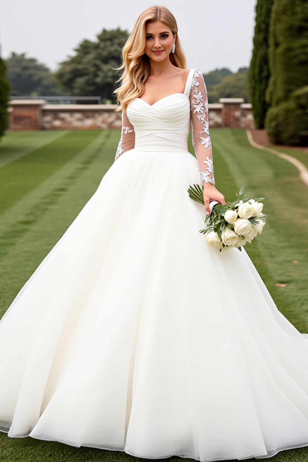 Ivory Lace Long Sleeves A Line Organza Wedding Dress