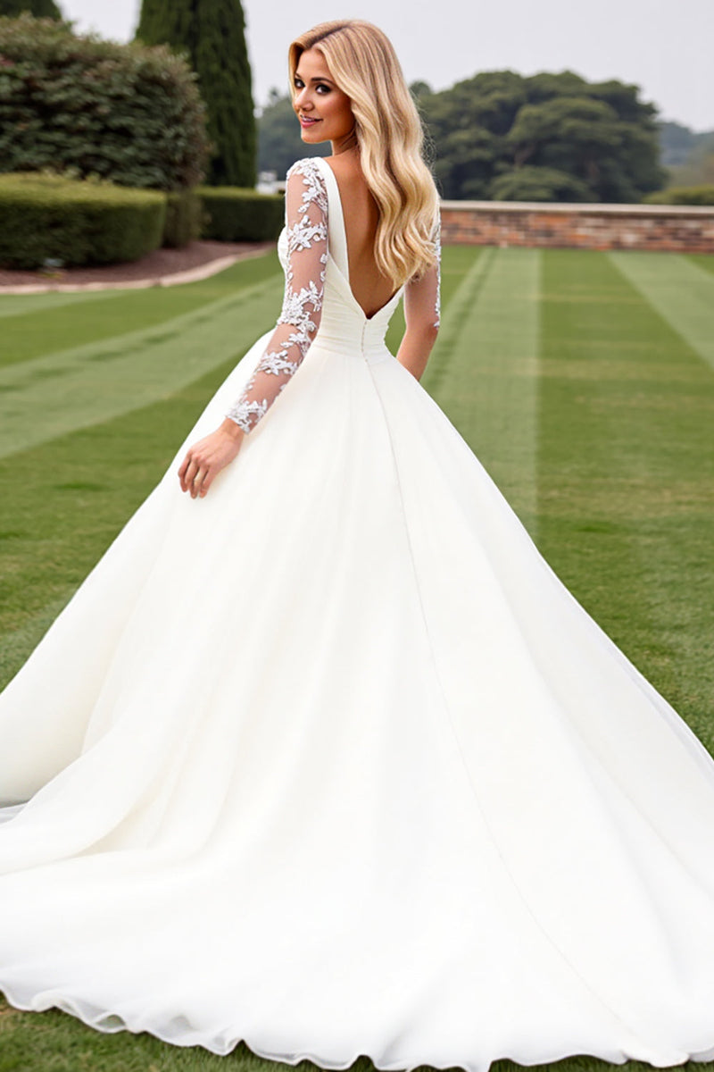 Load image into Gallery viewer, Ivory Lace Long Sleeves A Line Organza Wedding Dress