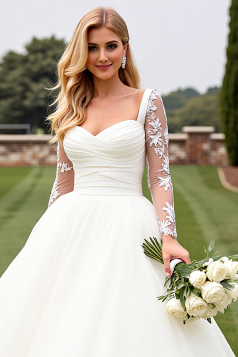 Load image into Gallery viewer, Ivory Lace Long Sleeves A Line Organza Wedding Dress