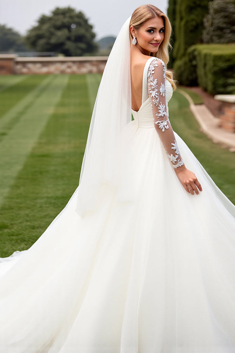 Load image into Gallery viewer, Ivory Lace Long Sleeves A Line Organza Wedding Dress