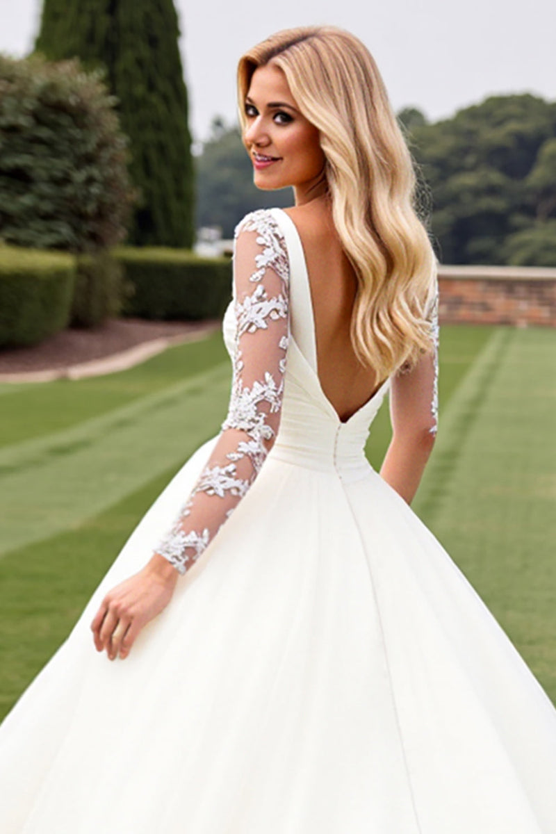 Load image into Gallery viewer, Ivory Lace Long Sleeves A Line Organza Wedding Dress