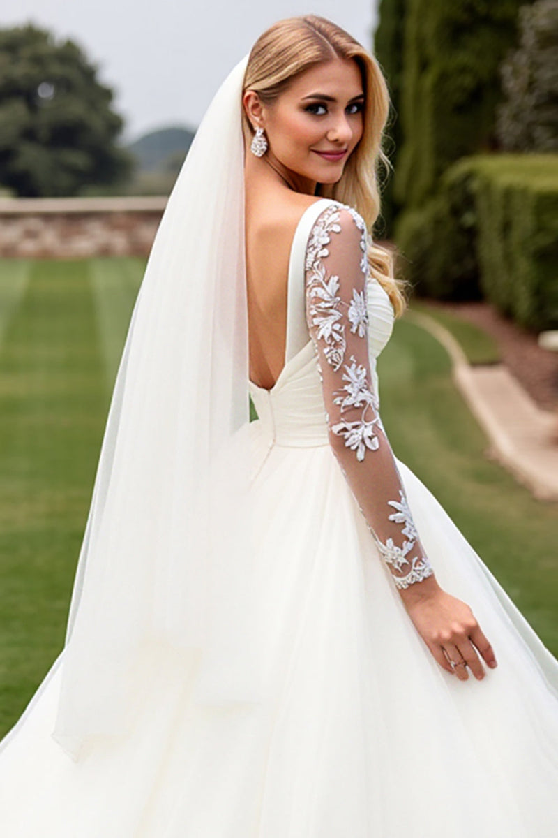 Load image into Gallery viewer, Ivory Lace Long Sleeves A Line Organza Wedding Dress
