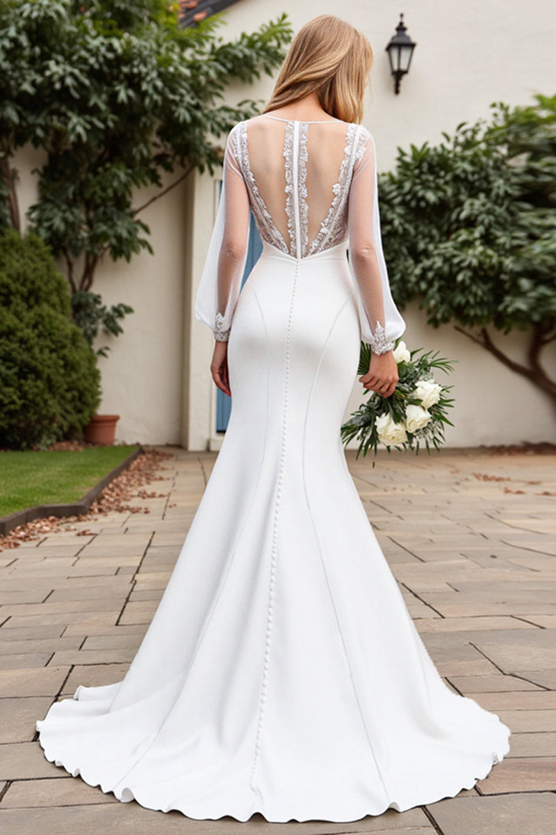 Load image into Gallery viewer, Ivory Stretch Satin Long Sleeves Mermaid Wedding Dress