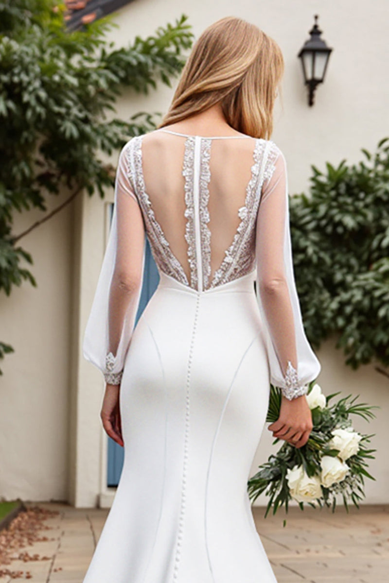 Load image into Gallery viewer, Ivory Stretch Satin Long Sleeves Mermaid Wedding Dress