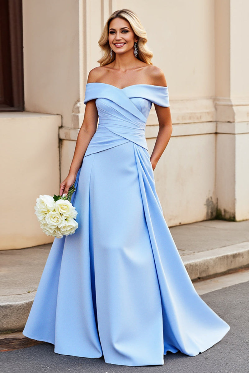 Load image into Gallery viewer, Light Blue Off the Shoulder A Line Satin Ruched Wedding Dress