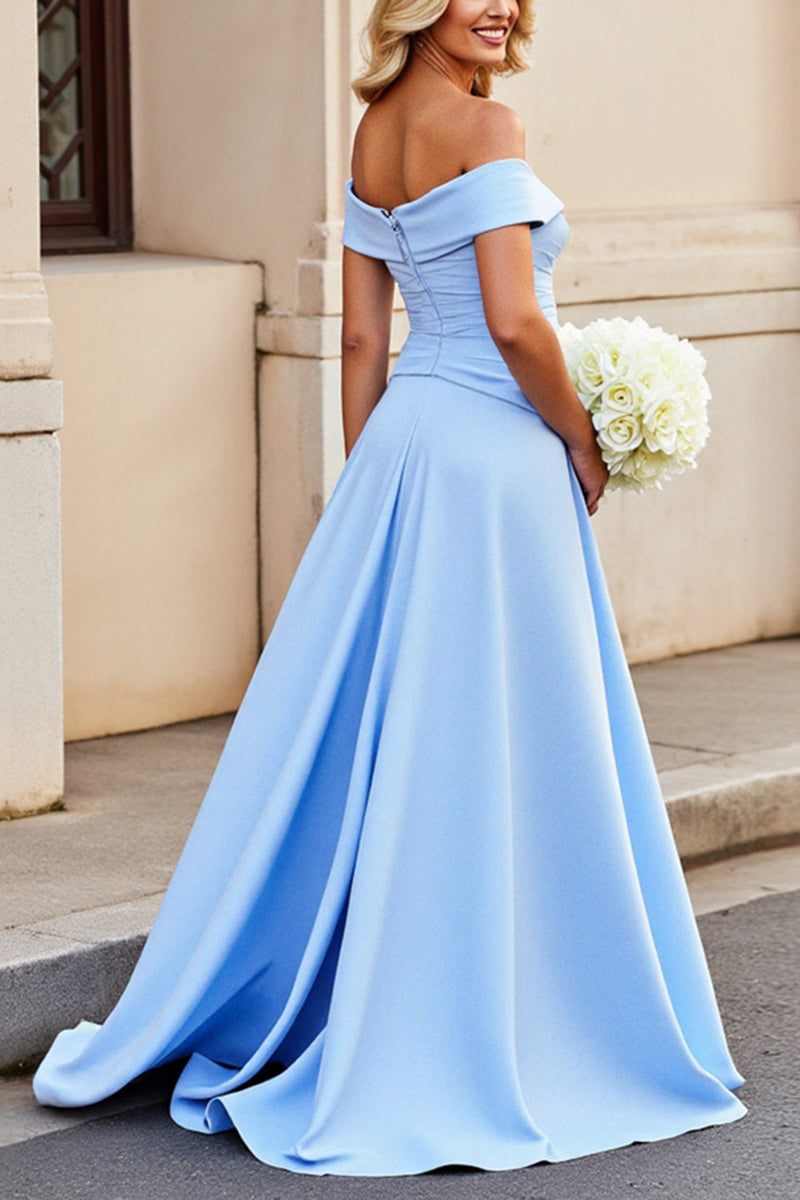 Load image into Gallery viewer, Light Blue Off the Shoulder A Line Satin Ruched Wedding Dress