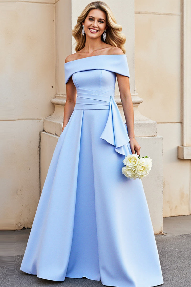 Load image into Gallery viewer, Light Blue Satin A Line Off the Shoulder Wedding Dress