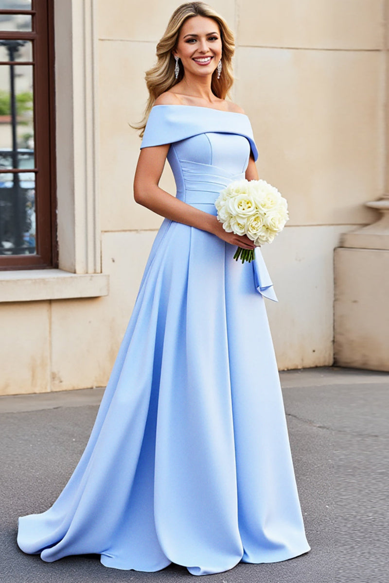 Load image into Gallery viewer, Light Blue Satin A Line Off the Shoulder Wedding Dress