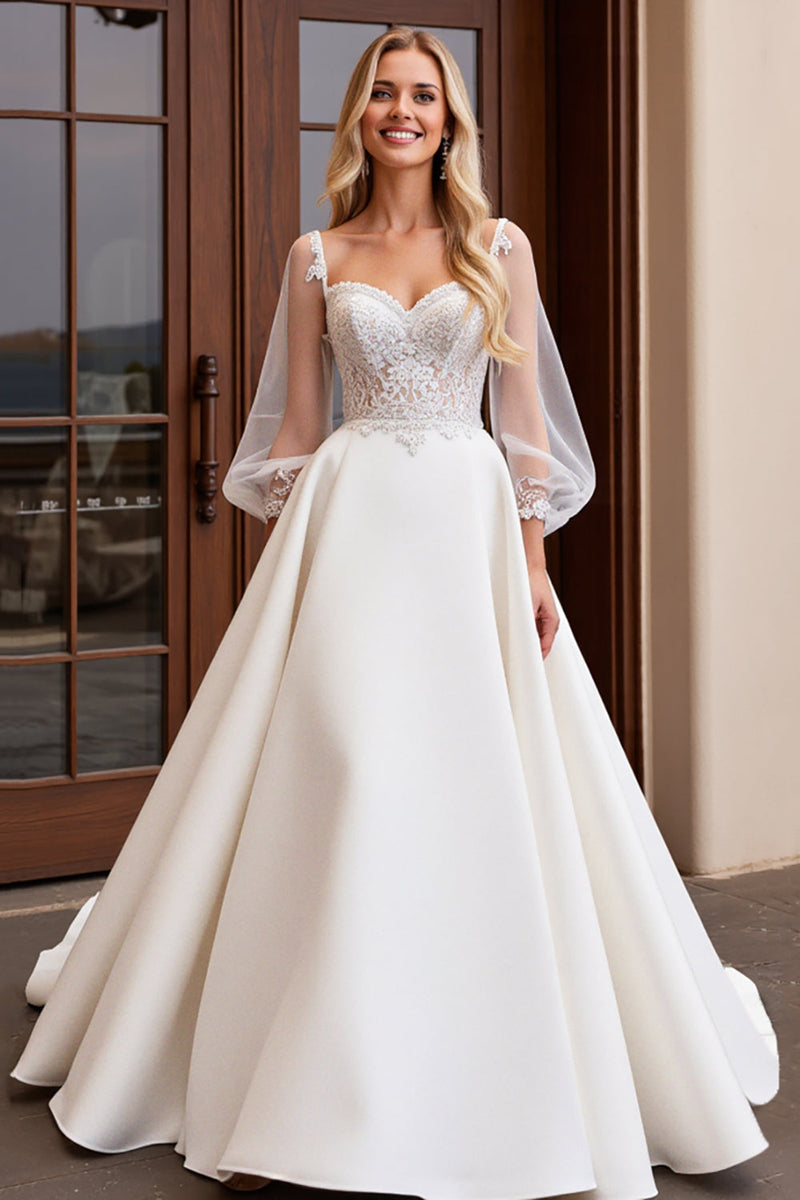 Load image into Gallery viewer, Ivory Satin Tulle 3/4 Sleeves Lace A Line Wedding Dress