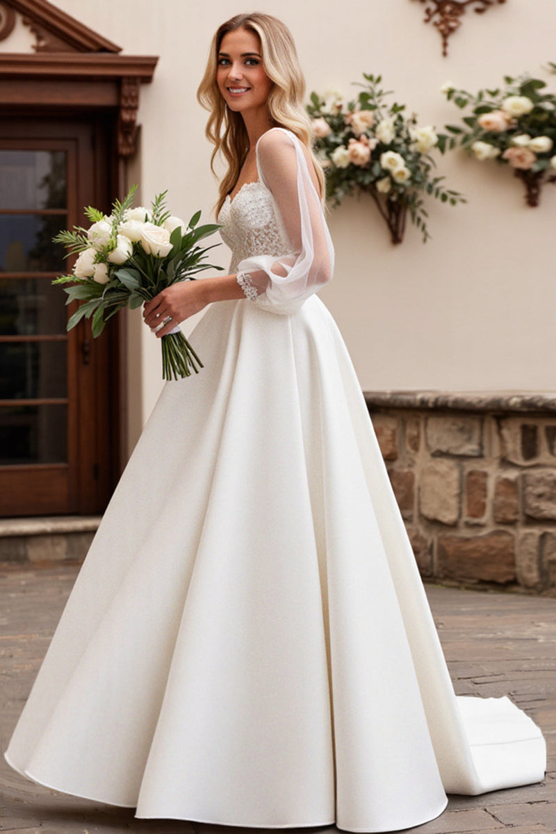 Load image into Gallery viewer, Ivory Satin Tulle 3/4 Sleeves Lace A Line Wedding Dress