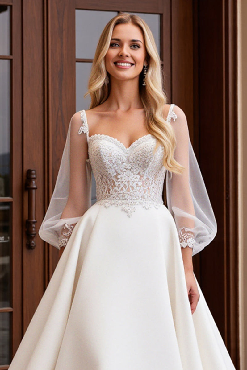 Load image into Gallery viewer, Ivory Satin Tulle 3/4 Sleeves Lace A Line Wedding Dress