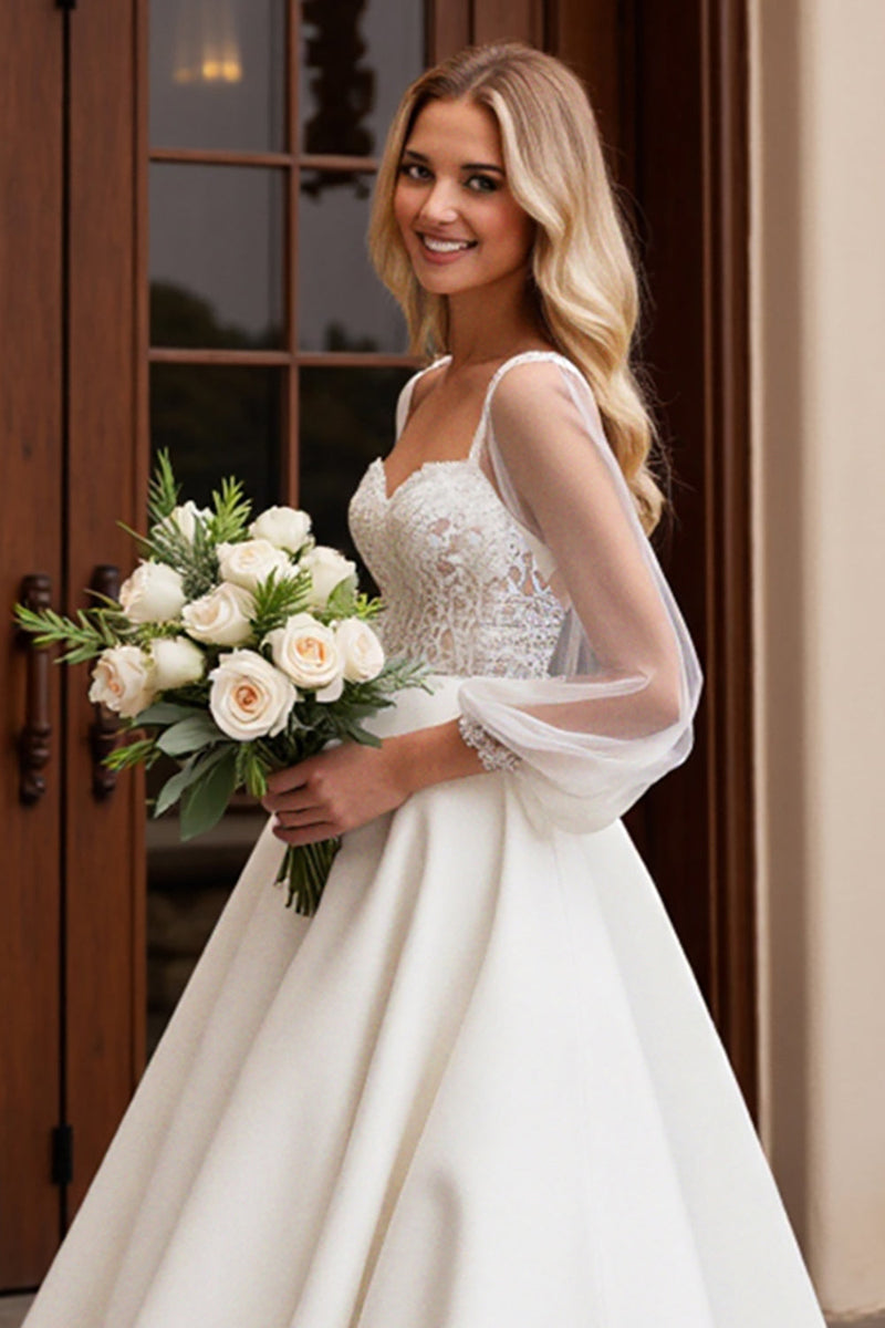 Load image into Gallery viewer, Ivory Satin Tulle 3/4 Sleeves Lace A Line Wedding Dress