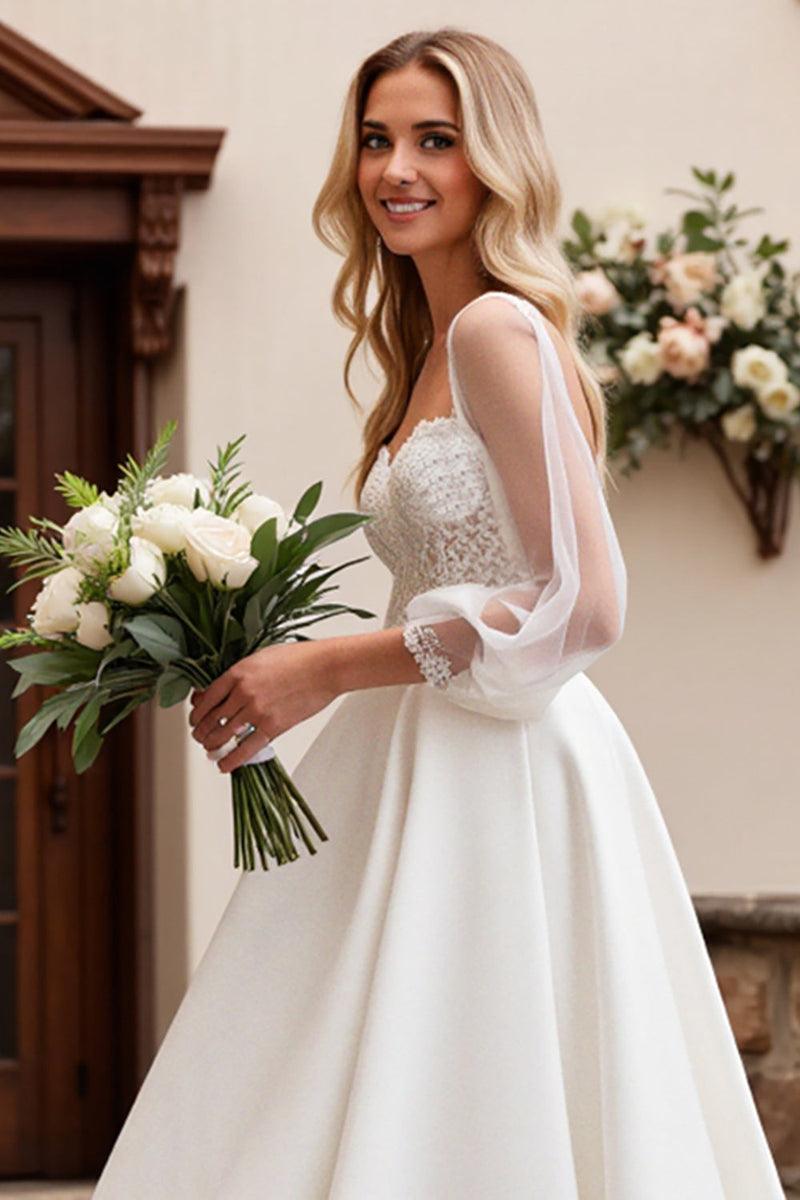 Load image into Gallery viewer, Ivory Satin Tulle 3/4 Sleeves Lace A Line Wedding Dress