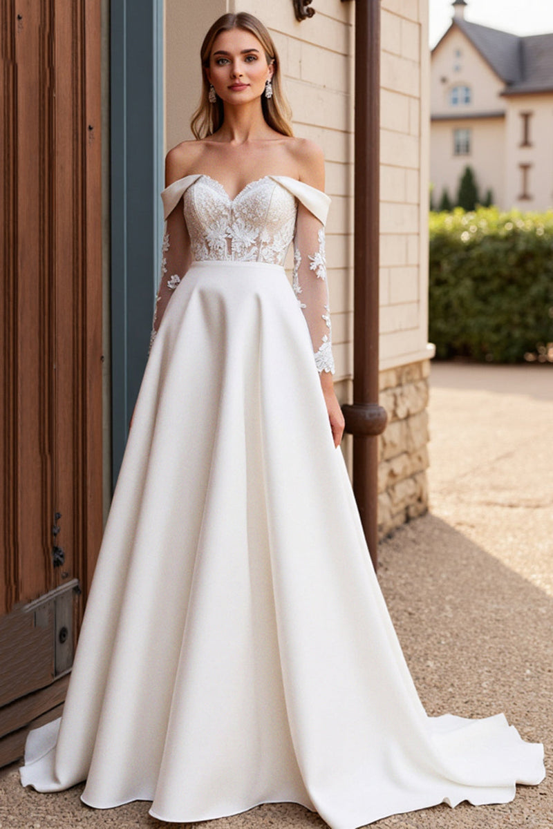 Load image into Gallery viewer, Lace Ivory Off the Shoulder A Line Satin Wedding Dress