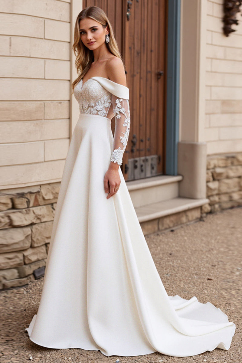 Load image into Gallery viewer, Lace Ivory Off the Shoulder A Line Satin Wedding Dress