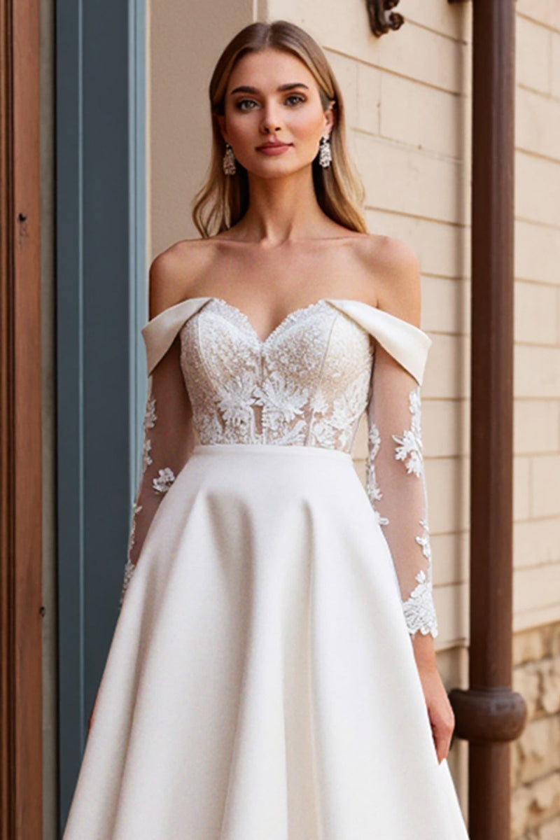 Load image into Gallery viewer, Lace Ivory Off the Shoulder A Line Satin Wedding Dress