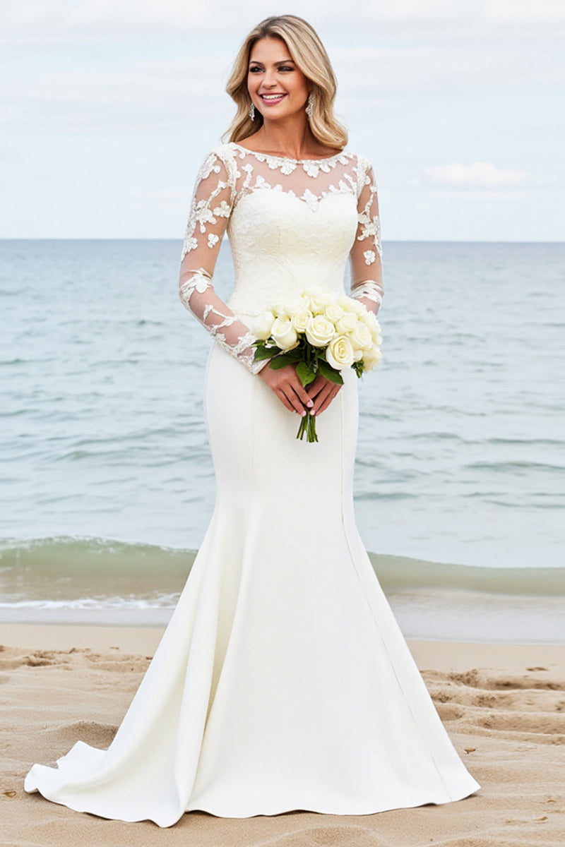 Load image into Gallery viewer, Ivory Mermaid Long Sleeves Appliqued Wedding Dress