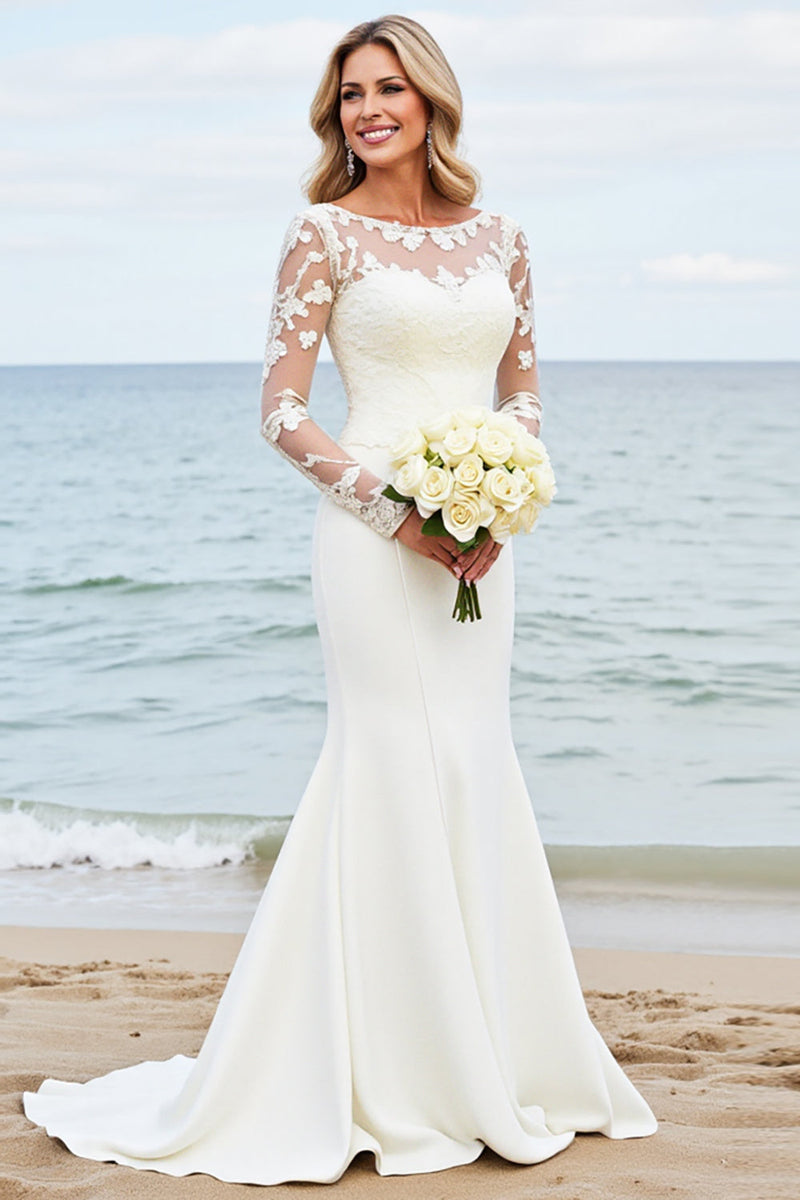 Load image into Gallery viewer, Ivory Mermaid Long Sleeves Appliqued Wedding Dress