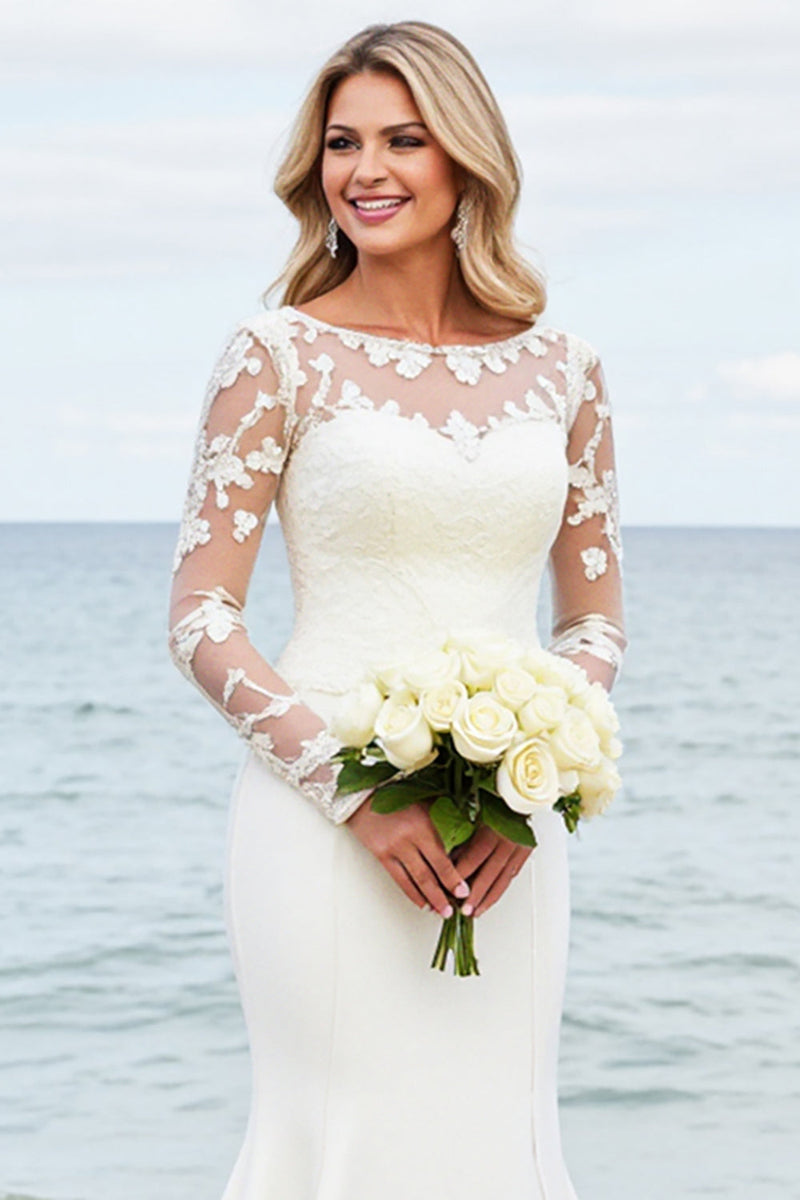 Load image into Gallery viewer, Ivory Mermaid Long Sleeves Appliqued Wedding Dress