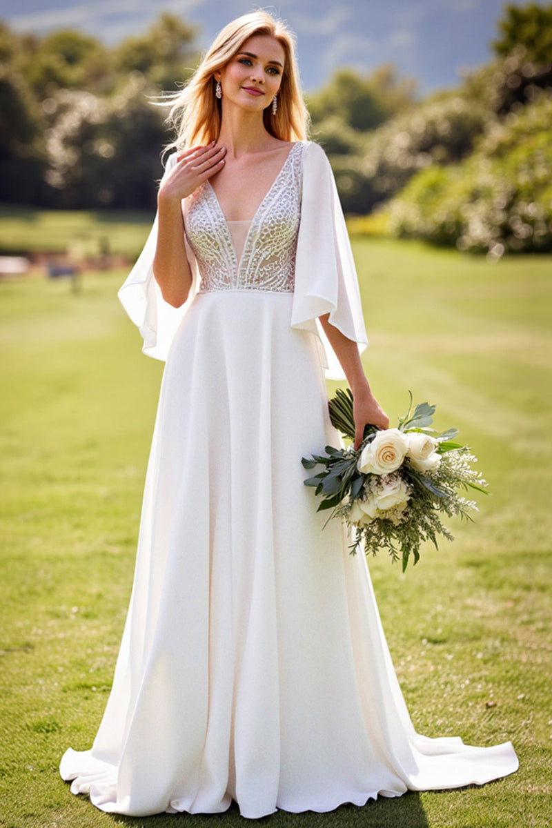 Load image into Gallery viewer, Ivory A Line 3/4 Sleeves Lace Long Wedding Dress