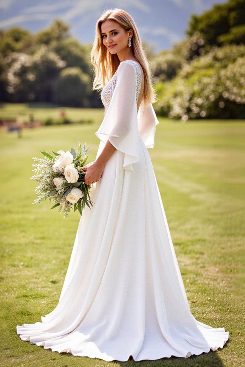 Load image into Gallery viewer, Ivory A Line 3/4 Sleeves Lace Long Wedding Dress