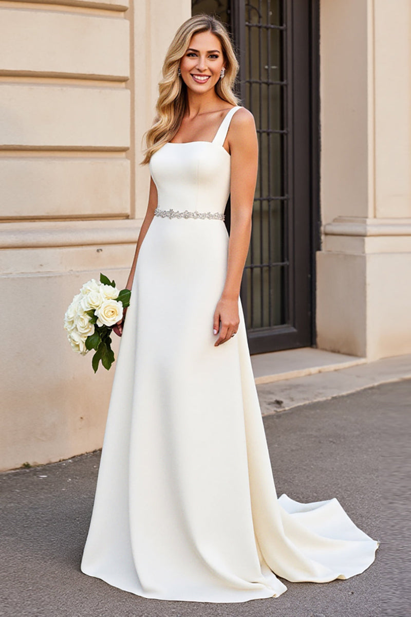 Load image into Gallery viewer, Simple Ivory A Line Spaghetti Straps Long Wedding Dress