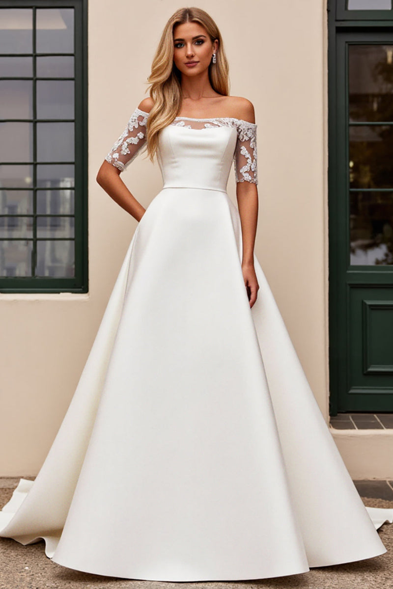 Load image into Gallery viewer, Ivory A Line Off The Shoulder Appliqued Long Wedding Dress