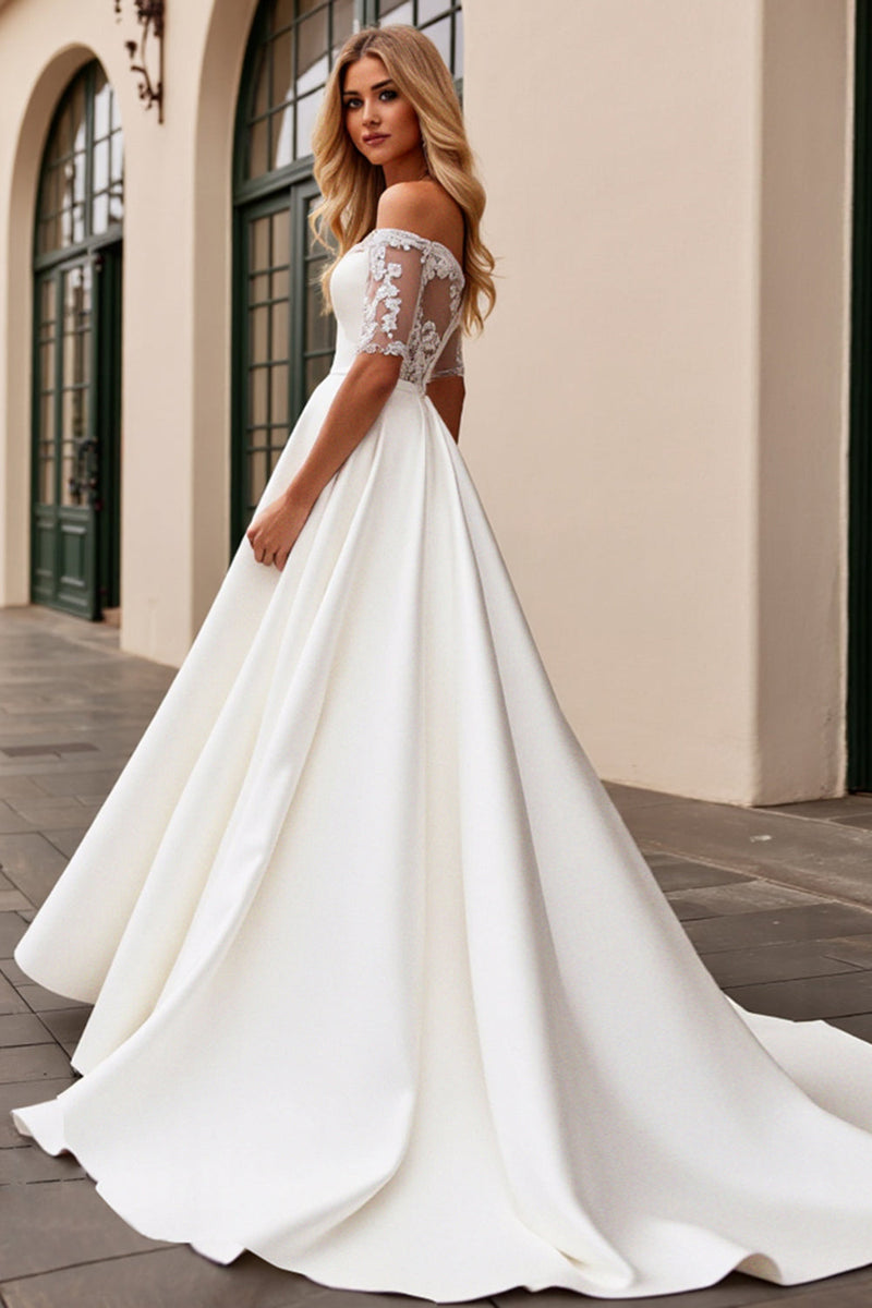 Load image into Gallery viewer, Ivory A Line Off The Shoulder Appliqued Long Wedding Dress
