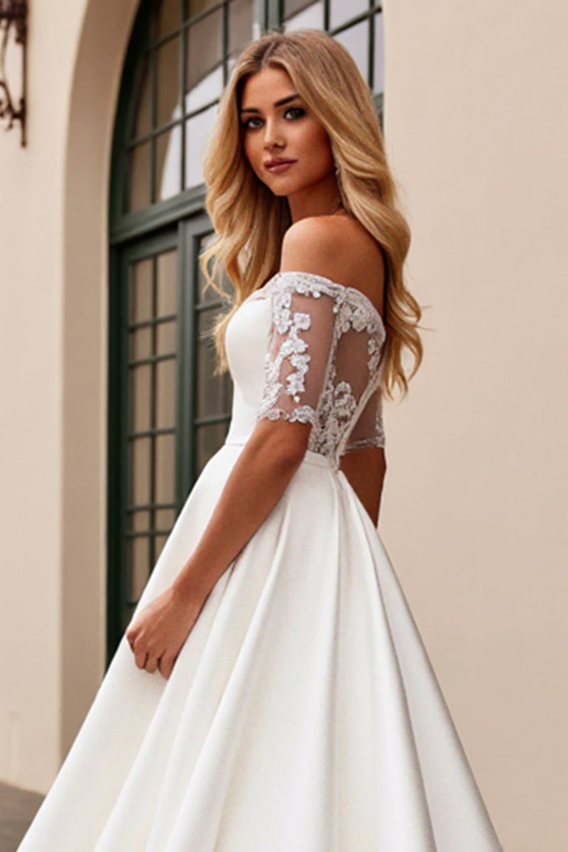 Load image into Gallery viewer, Ivory A Line Off The Shoulder Appliqued Long Wedding Dress