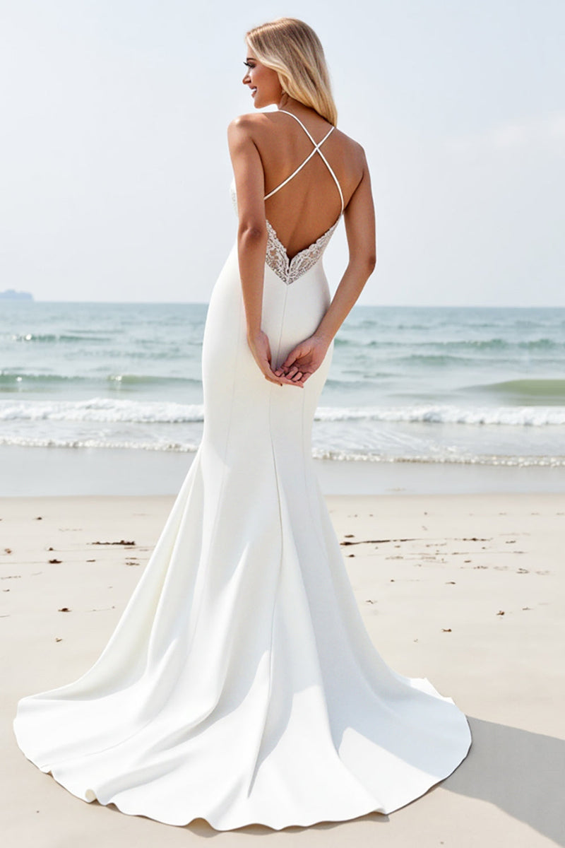 Load image into Gallery viewer, Ivory Mermaid Spaghetti Straps Wedding Dress with Slit