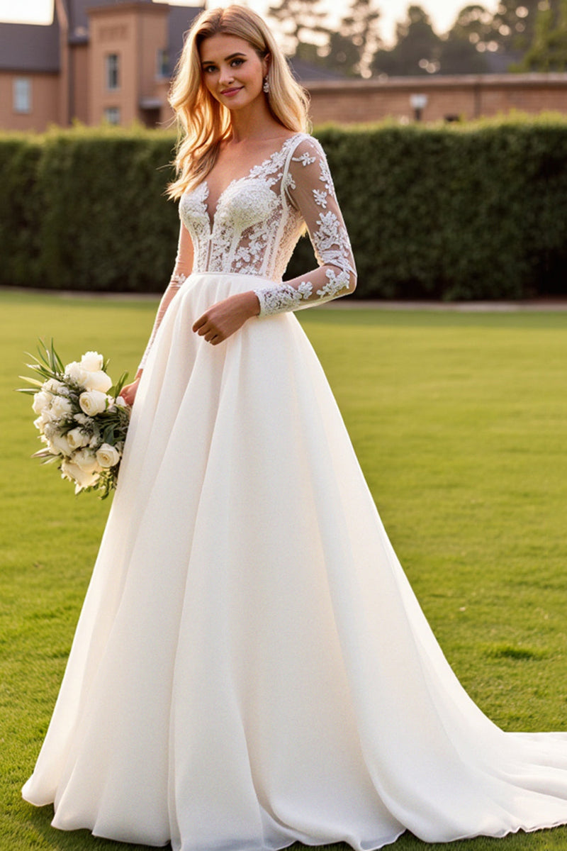 Load image into Gallery viewer, Ivory A Line Long Sleeves Lace Appliqued Wedding Dress