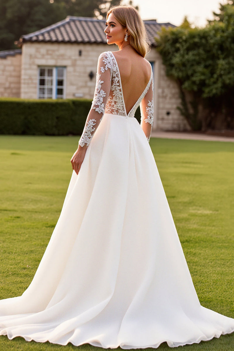 Load image into Gallery viewer, Ivory A Line Long Sleeves Lace Appliqued Wedding Dress