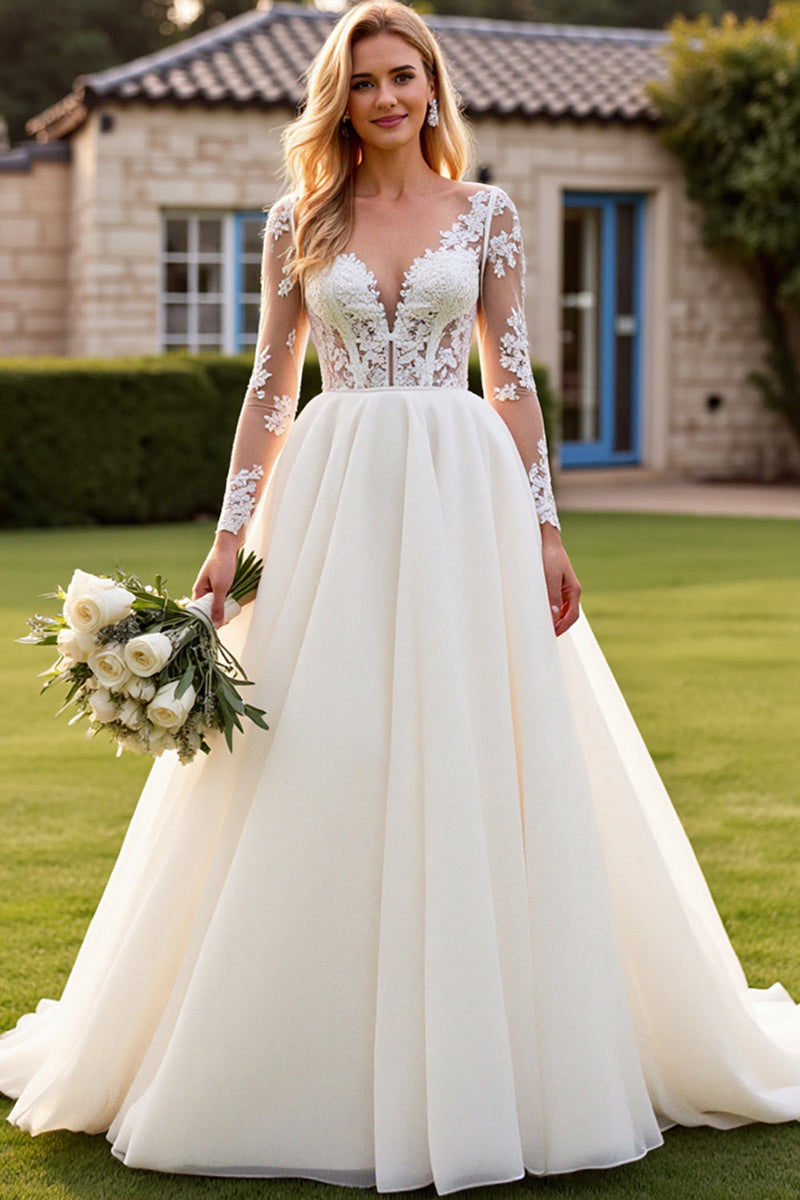 Load image into Gallery viewer, Ivory A Line Long Sleeves Lace Appliqued Wedding Dress