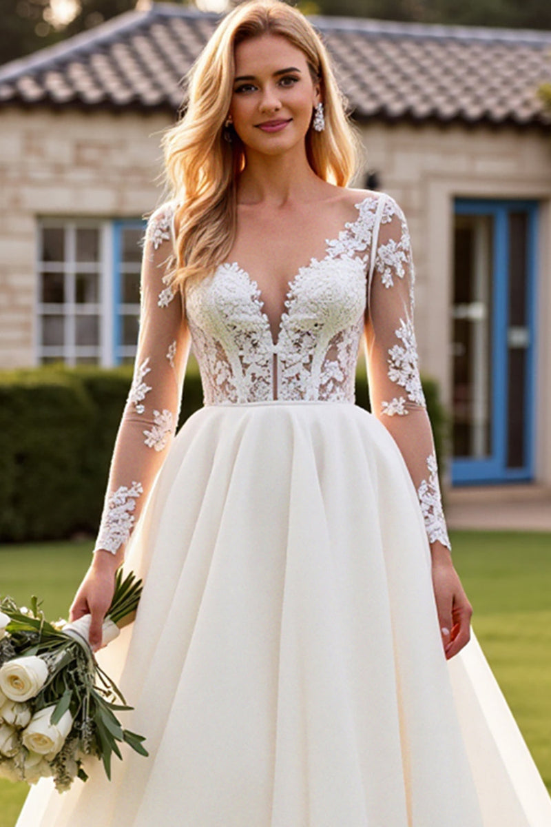 Load image into Gallery viewer, Ivory A Line Long Sleeves Lace Appliqued Wedding Dress