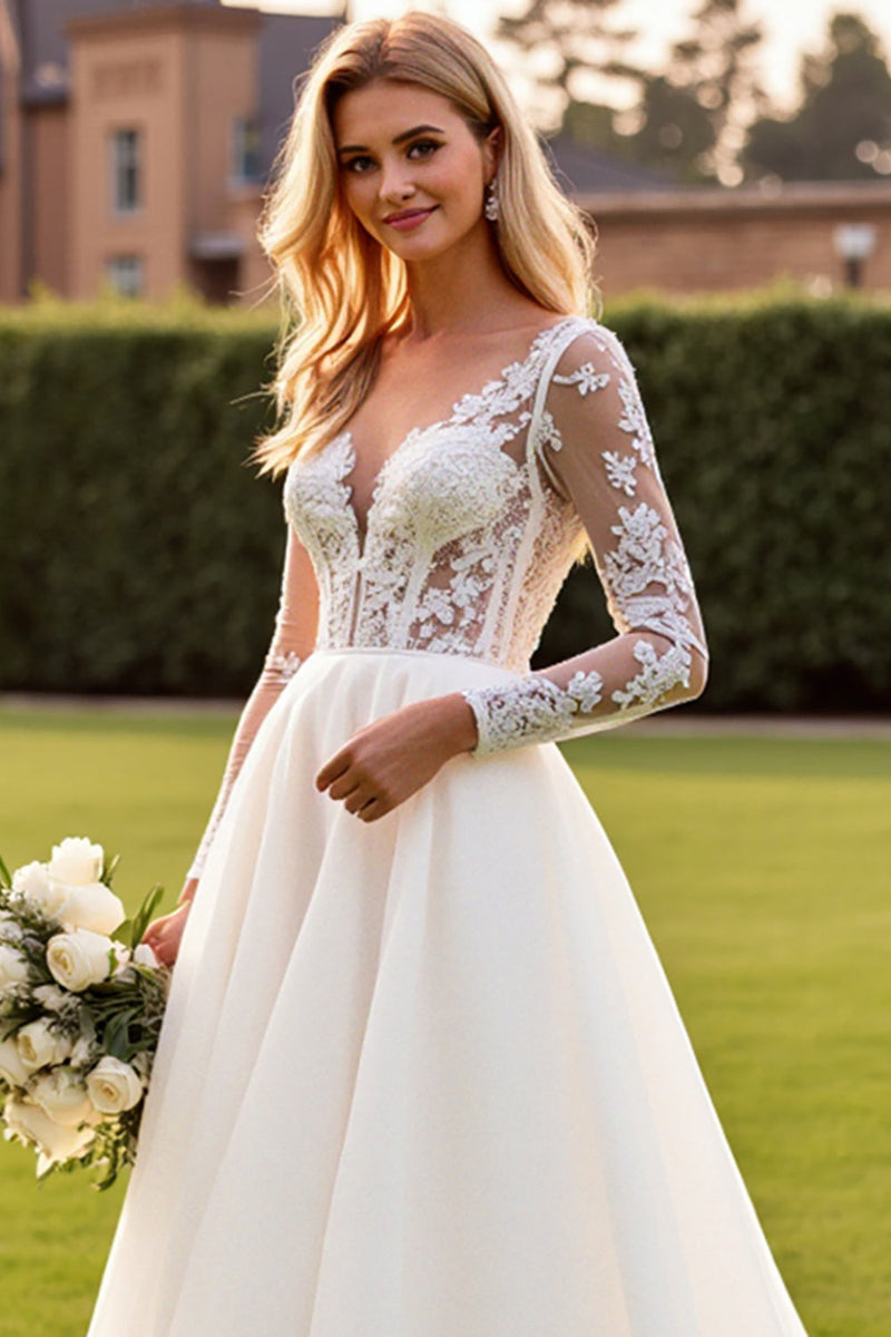 Load image into Gallery viewer, Ivory A Line Long Sleeves Lace Appliqued Wedding Dress