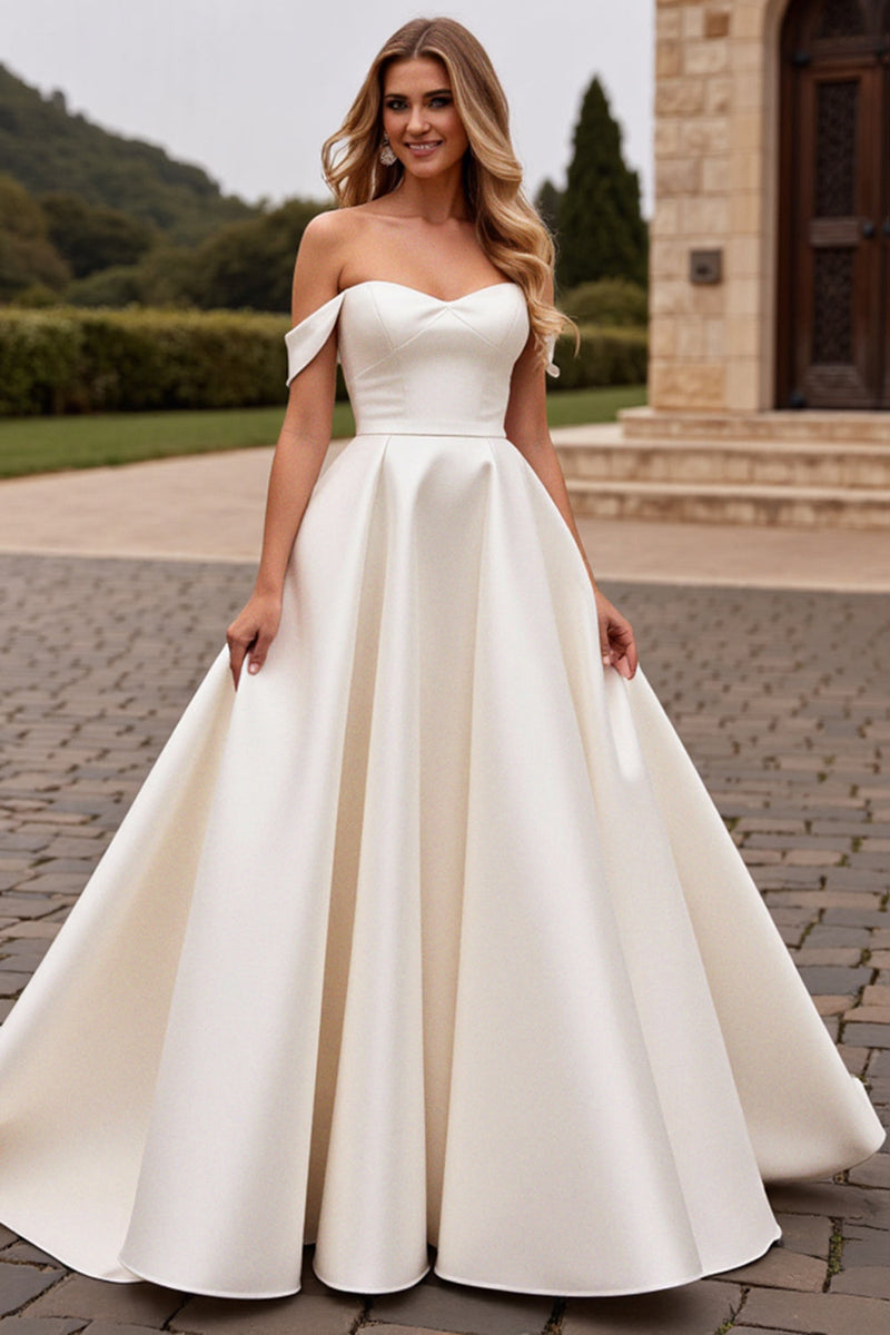 Load image into Gallery viewer, Ivory A Line Off The Shoulder Satin Long Wedding Dress