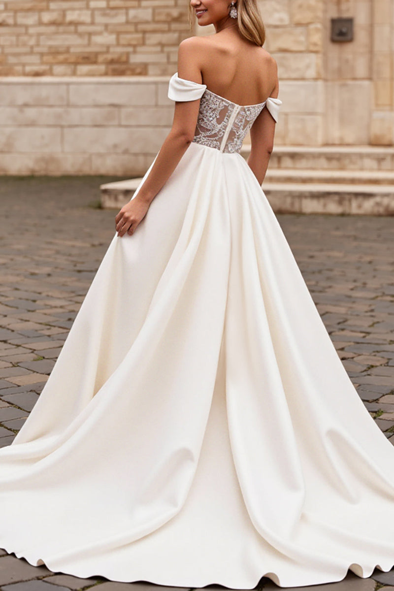 Load image into Gallery viewer, Ivory A Line Off The Shoulder Satin Long Wedding Dress